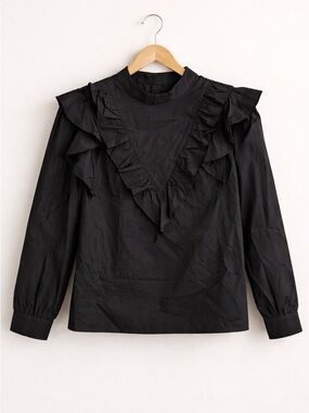 Boohoo Black Ruffle V-Paneled Blouse - Women Tops